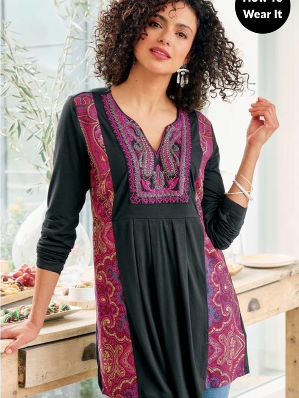 Soft Surroundings Black Tunic with Magenta Paisley Embroidery